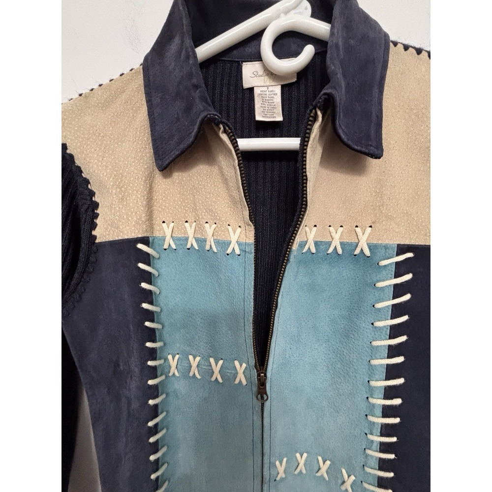 Big Studio Works Small Women's Leather Patchwork Blue Gray Full Zip Whipstitch - Picture 4 of 10